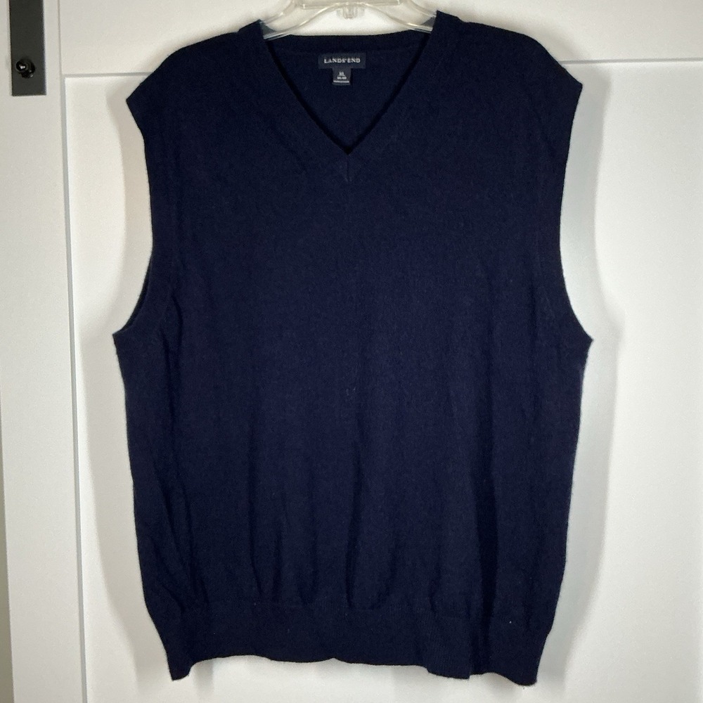 Land Ends Sweater Vest‎ Mens XL46-48 Navy 100% Cashmere V Neck Preppy Office
